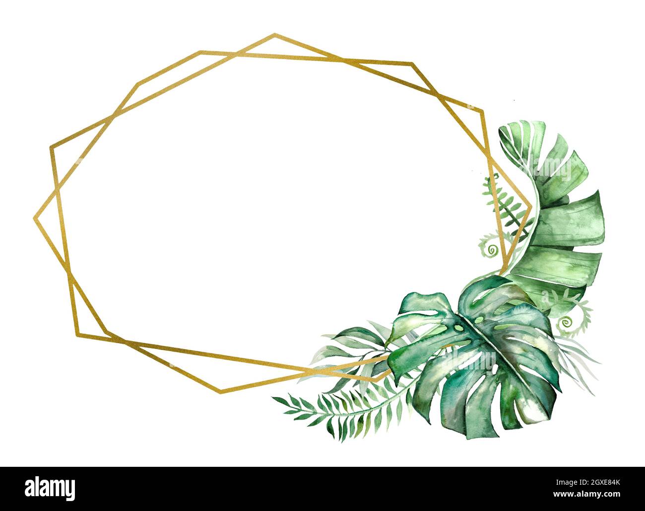 Watercolor tropical leaves geometric golden frame illustration Stock ...