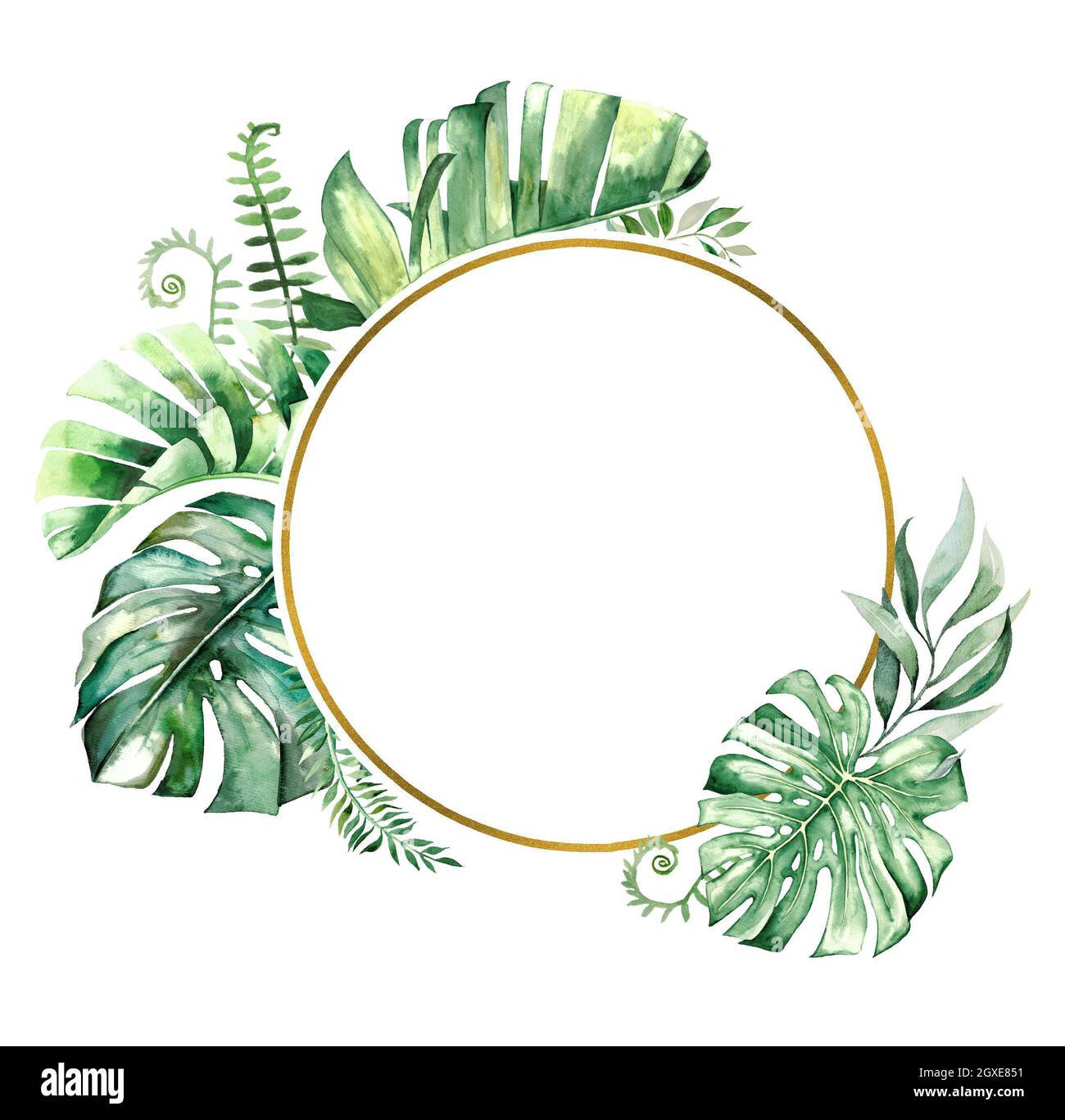 Watercolor tropical leaves geometric golden frame illustration Stock ...