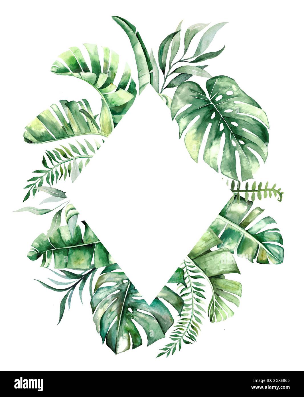 Watercolor tropical leaves geometric golden frame illustration Stock ...