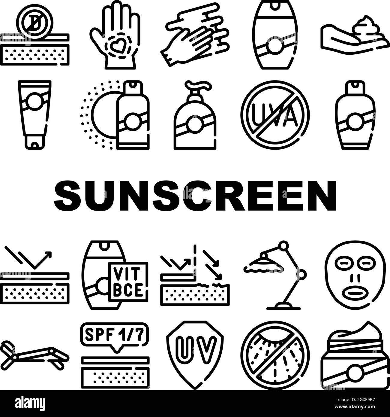 Sunscreen Protection Collection Icons Set isolated illustration Stock Vector