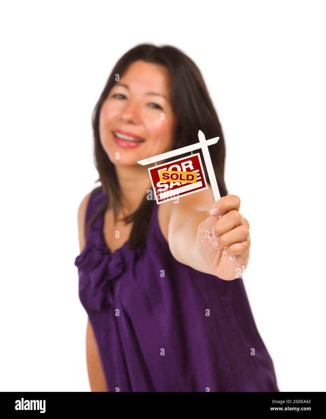 Attractive Multiethnic Woman Holding Small Sold For Sale Real Estate ...