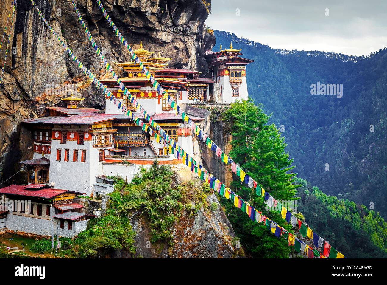 Paro Taktsang, also known as the Taktsang Palphug Monastery and the Tiger's Nest is a sacred Vajrayana Himalayan Buddhist site located in the cliffsid Stock Photo
