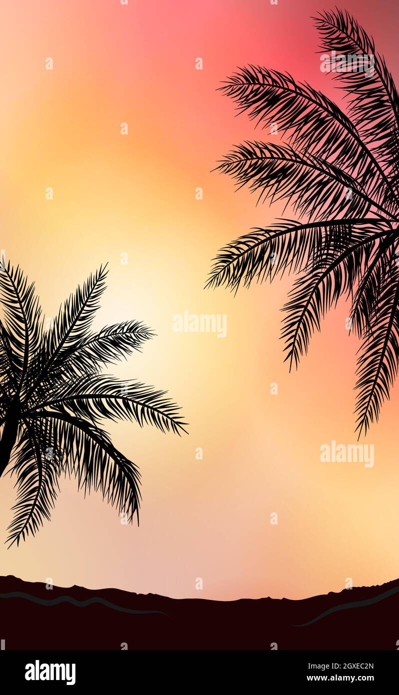 Realistic sea sunset on the background of palm trees - Vector ...