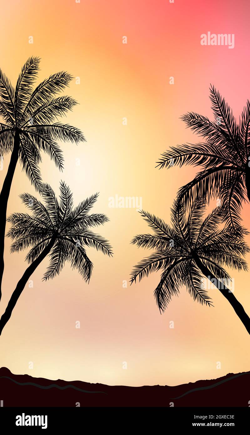 Realistic sea sunset on the background of palm trees - Vector ...