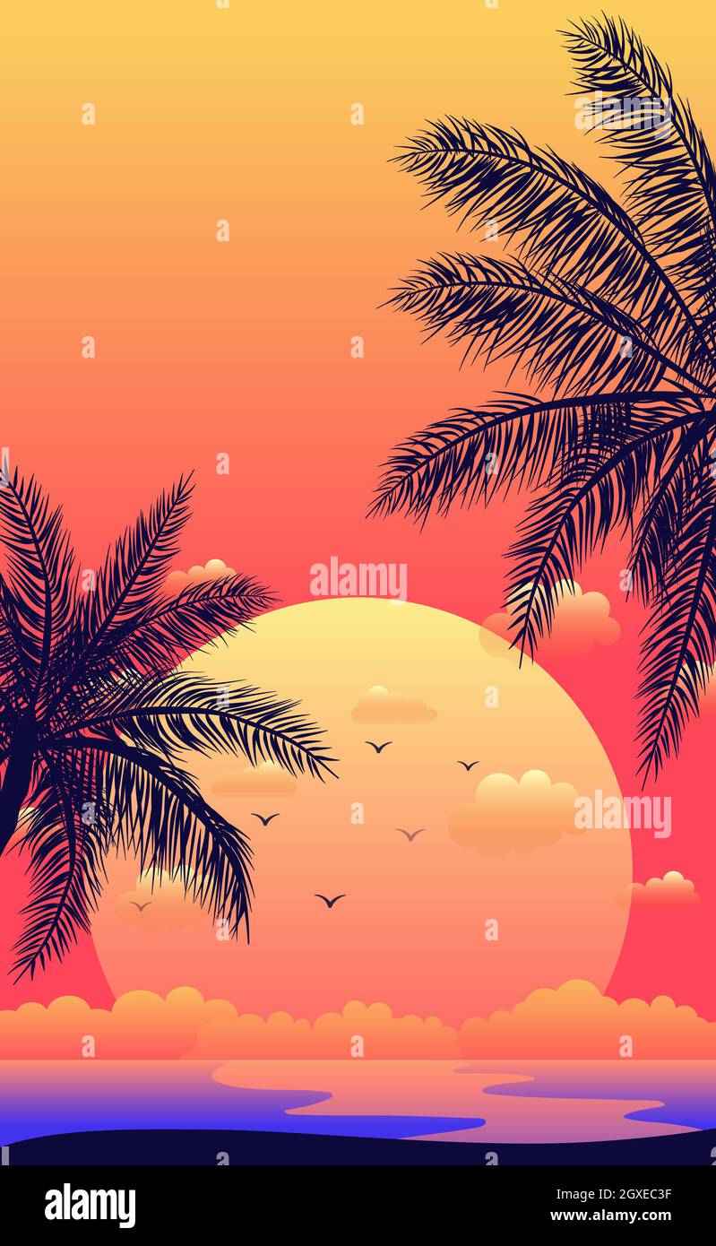 Realistic sea sunset on the background of palm trees - Vector ...