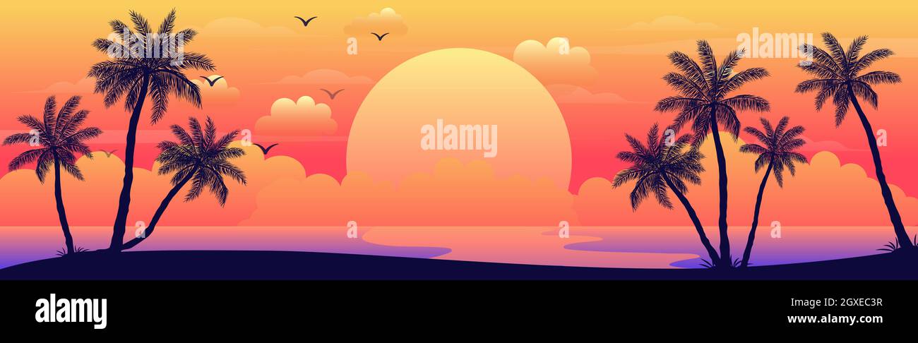 Realistic sea sunset on the background of palm trees - Vector ...