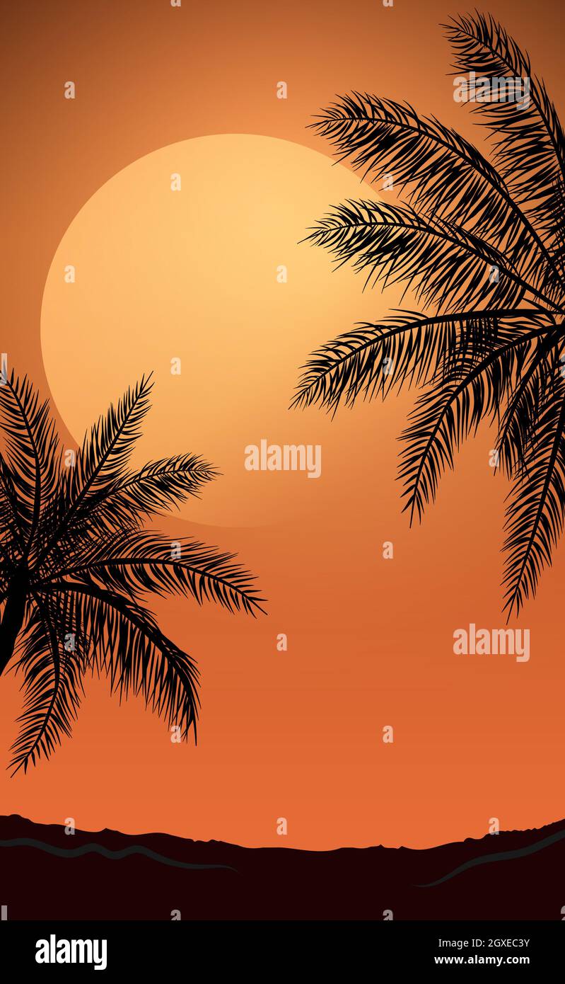 Realistic sea sunset on the background of palm trees - Vector ...