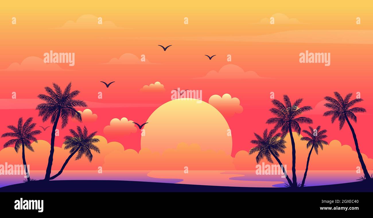 Realistic sea sunset on the background of palm trees - Vector ...