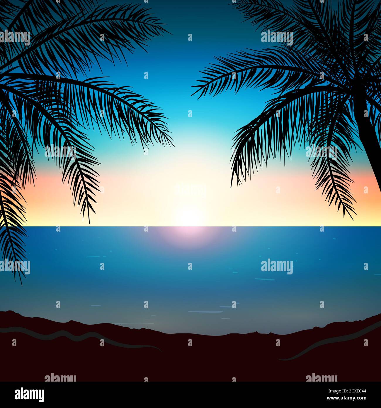 Realistic sea sunset on the background of palm trees - Vector ...