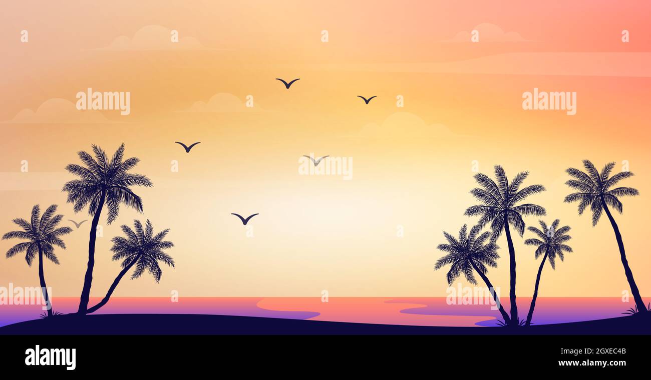 Realistic sea sunset on the background of palm trees - Vector ...