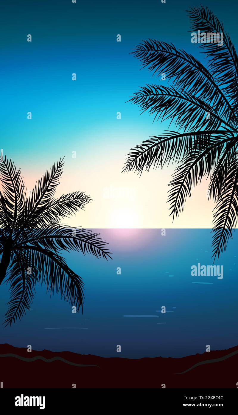 Realistic sea sunset on the background of palm trees - Vector ...