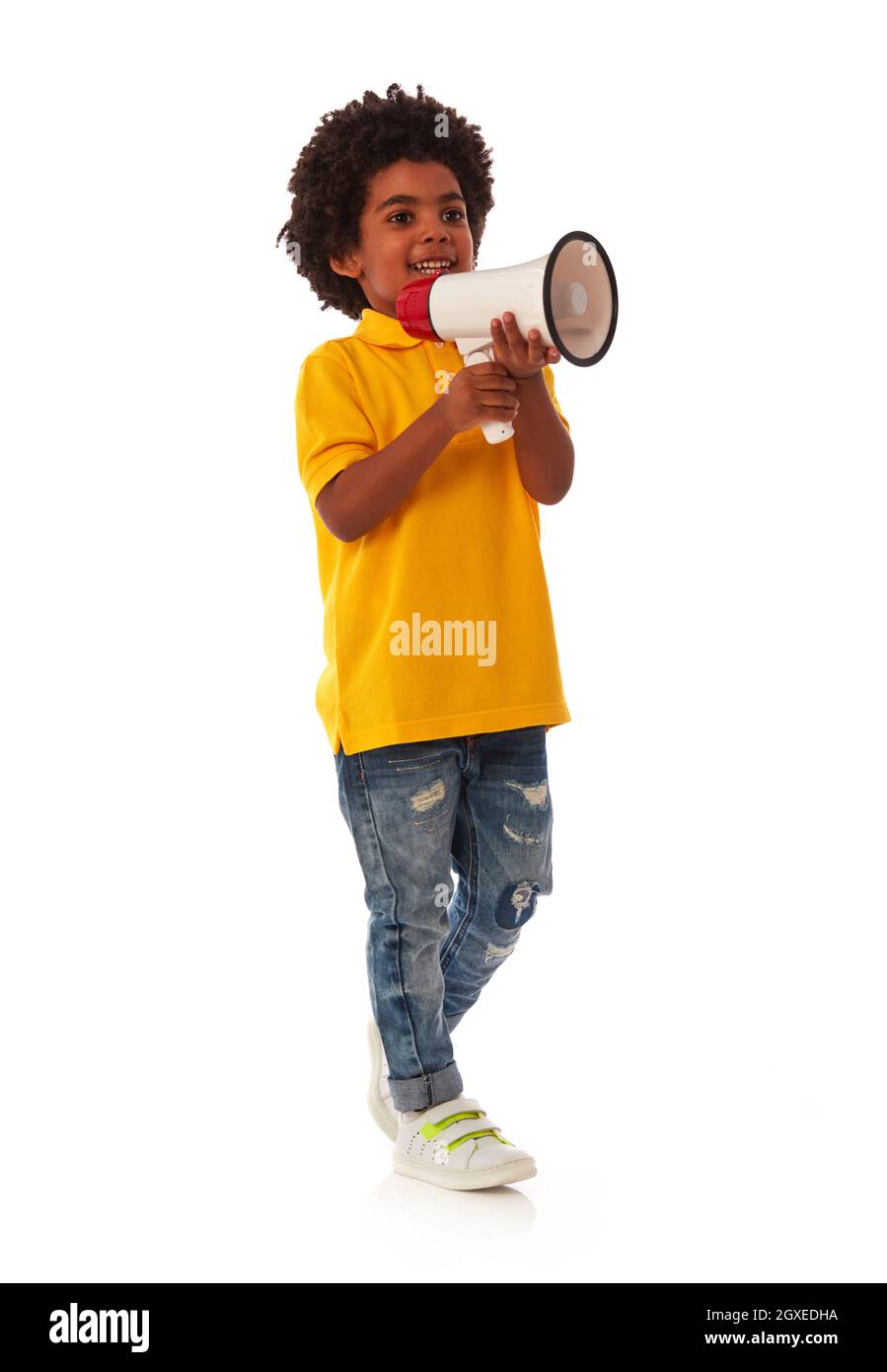 Afican-american kid with megaphone on white background Stock Photo