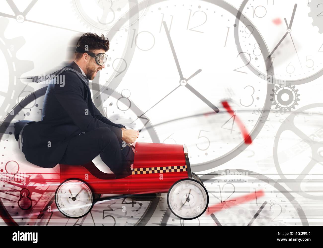 Business man drive fast a car with clock wheels surrounded by clocks