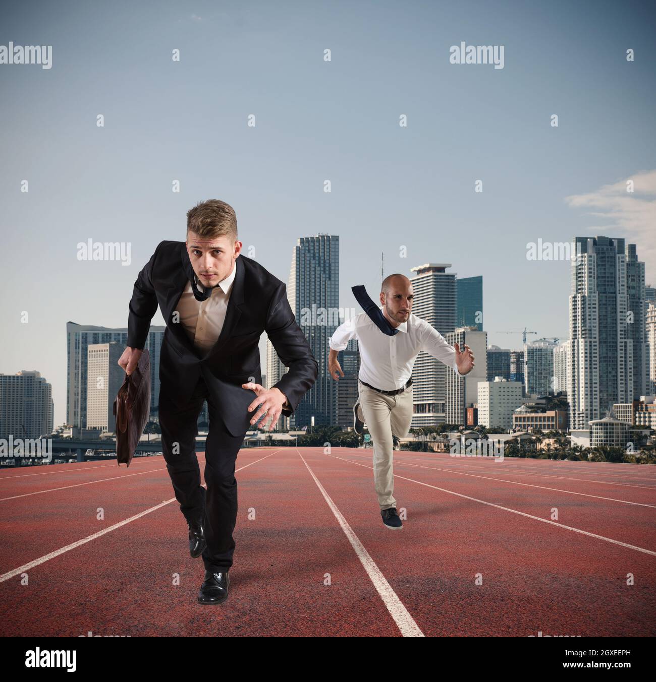 Businessman acts like a runner on a track. Competition and challenge in business concept Stock