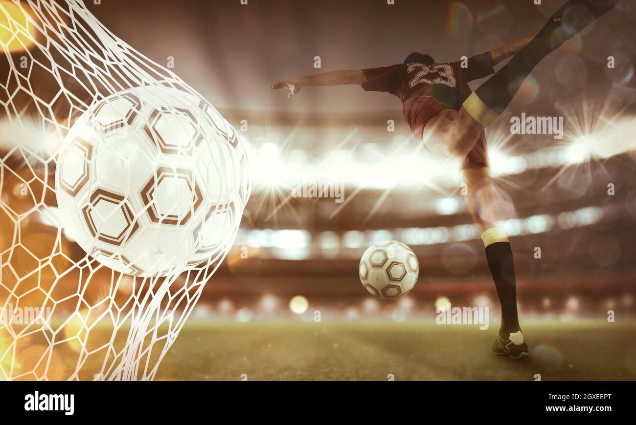 Double exposure image with a ball pierces the soccer goal at the stadium during a night match and a soccer player who is shooting