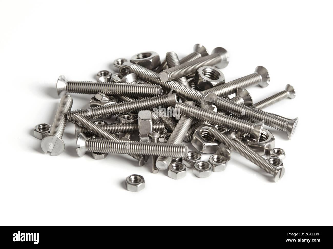 Metal bolts and nuts on white background Stock Photo