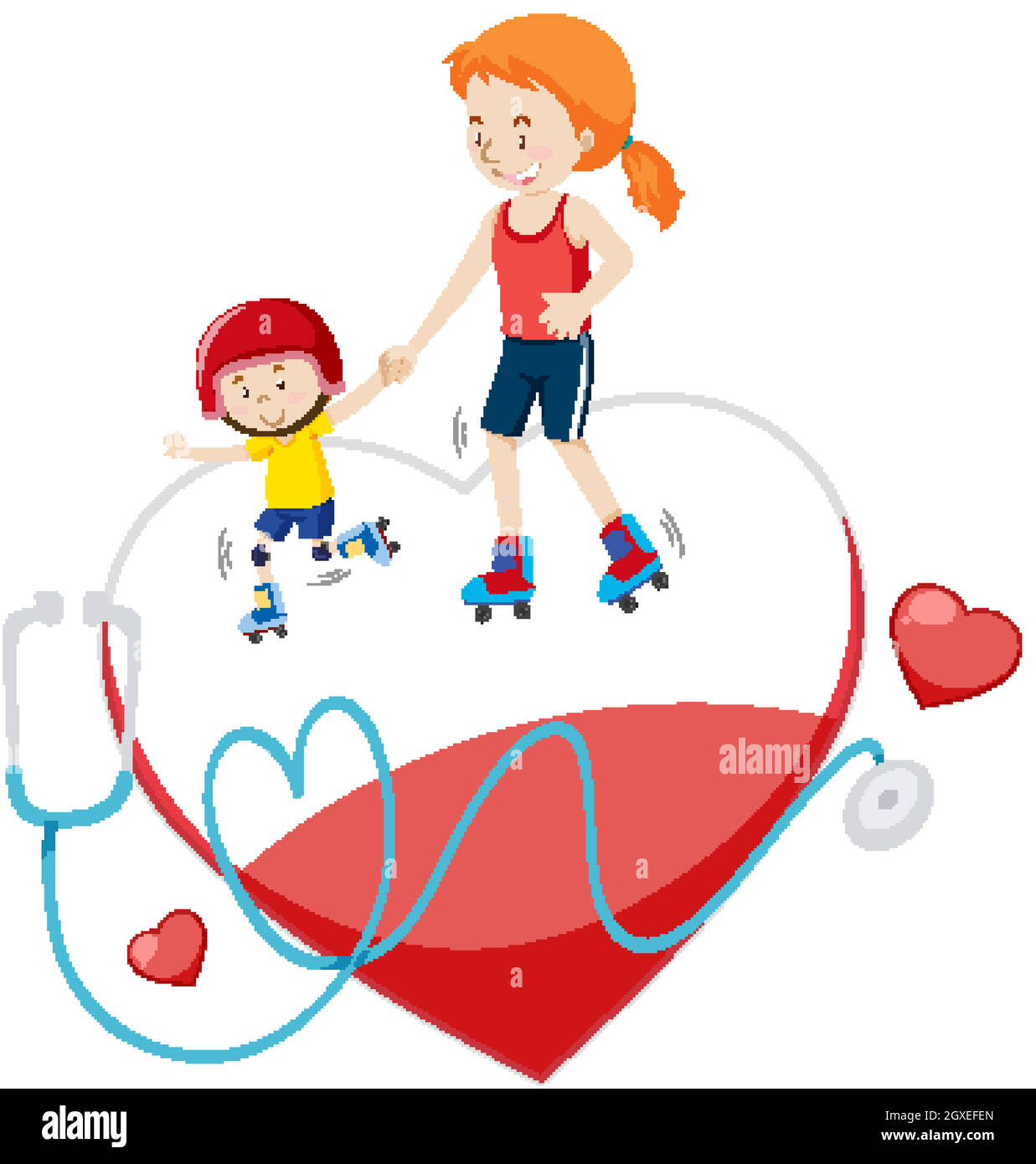 Mother and son rollerskate on big red heart Stock Vector