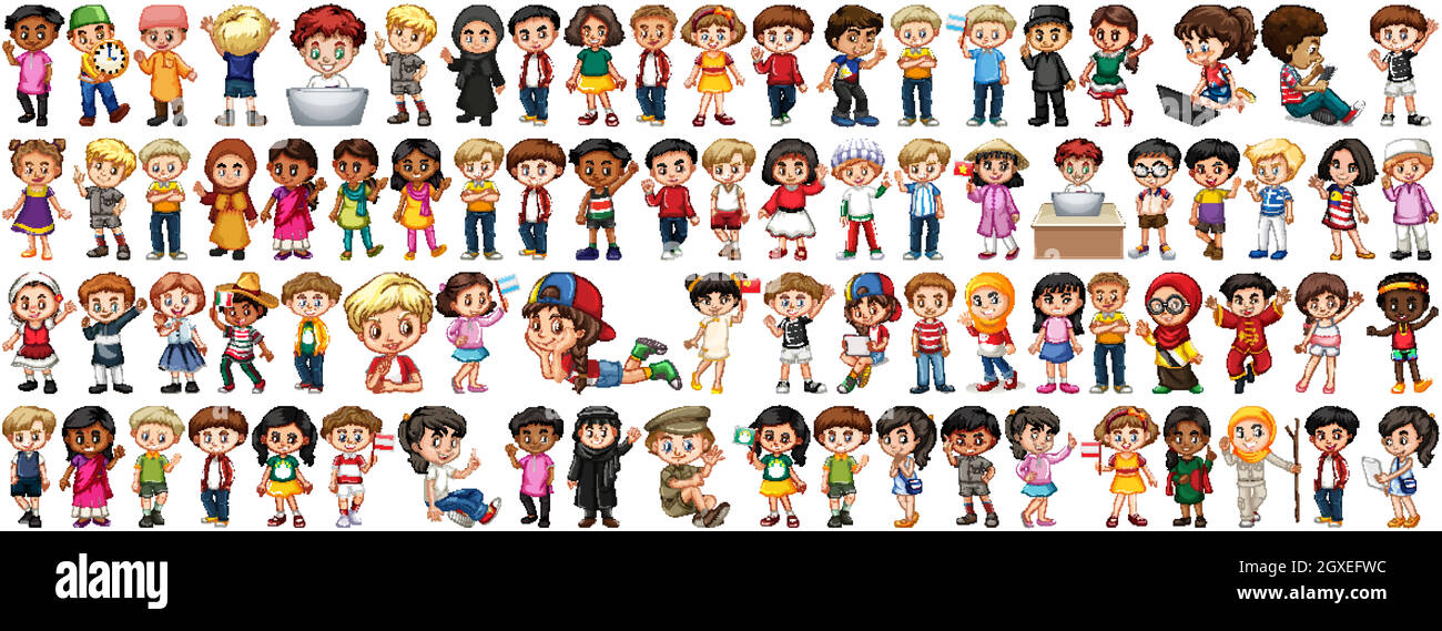 Children with different nationalities on white background Stock Vector
