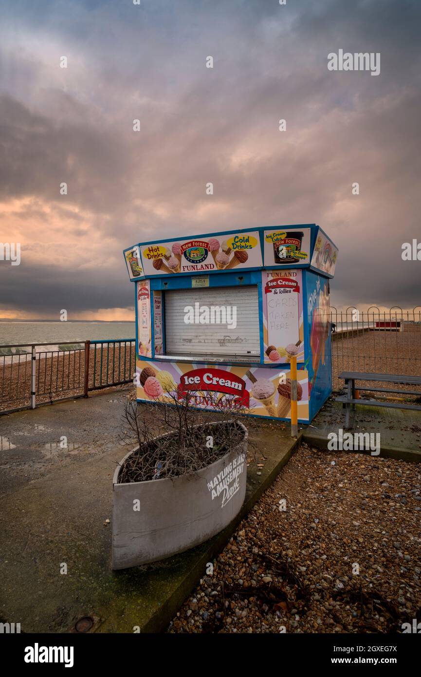 Closed ice cream kiosk on Hayling Island during the winter Stock Photo
