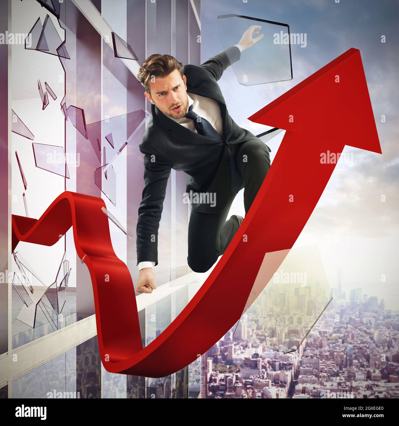 Determined businessman over a big red arrow Stock Photo - Alamy