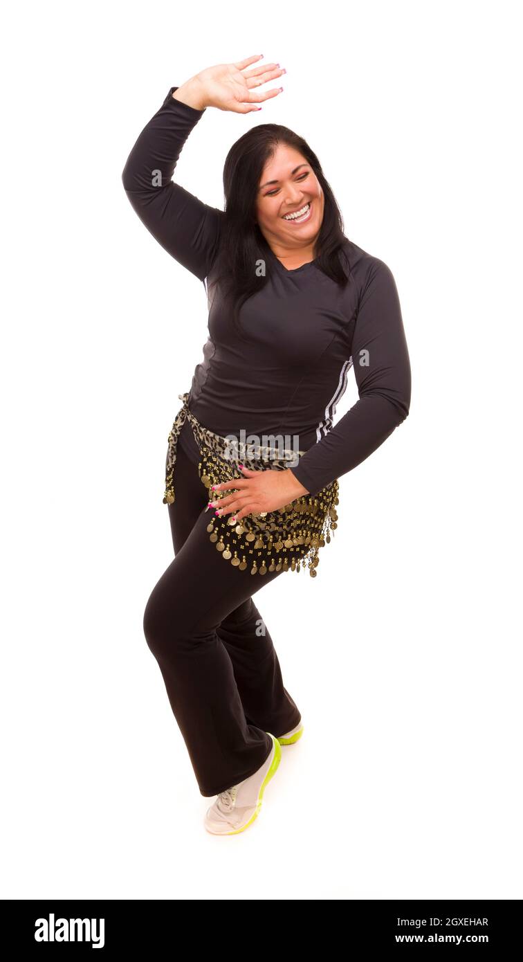 Attractive Hispanic Woman Zumba Dancing on a White Background Stock
