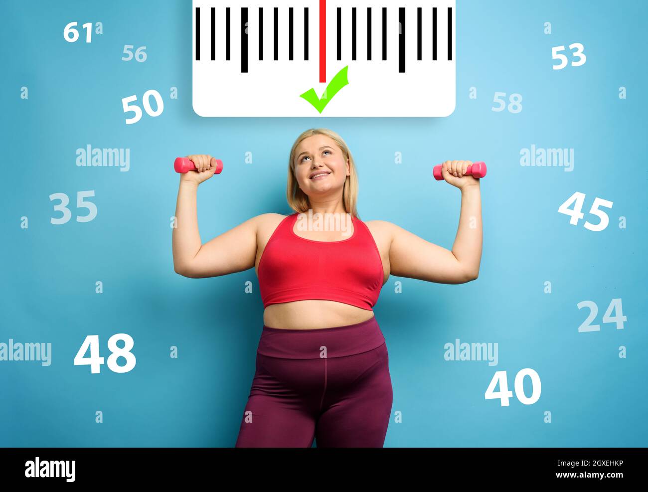 Fat girl does gym at home. satisfied expression. Cyan background Stock  Photo - Alamy
