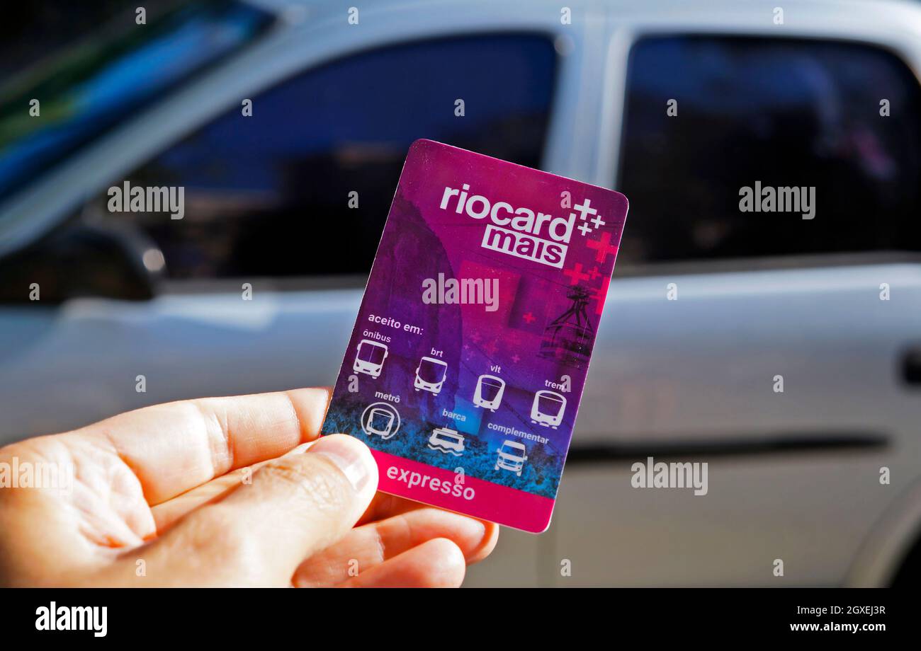 RIO DE JANEIRO, BRAZIL - DECEMBER 31, 2019: Hand holding a Riocard, which can be used to pay for any kind of public transport on Rio de Janeiro city Stock Photo