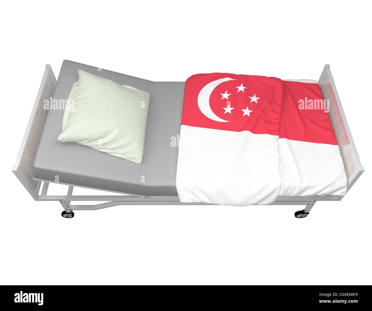 hospital bed with Singapore flag isolated on white. 3d rendering Stock