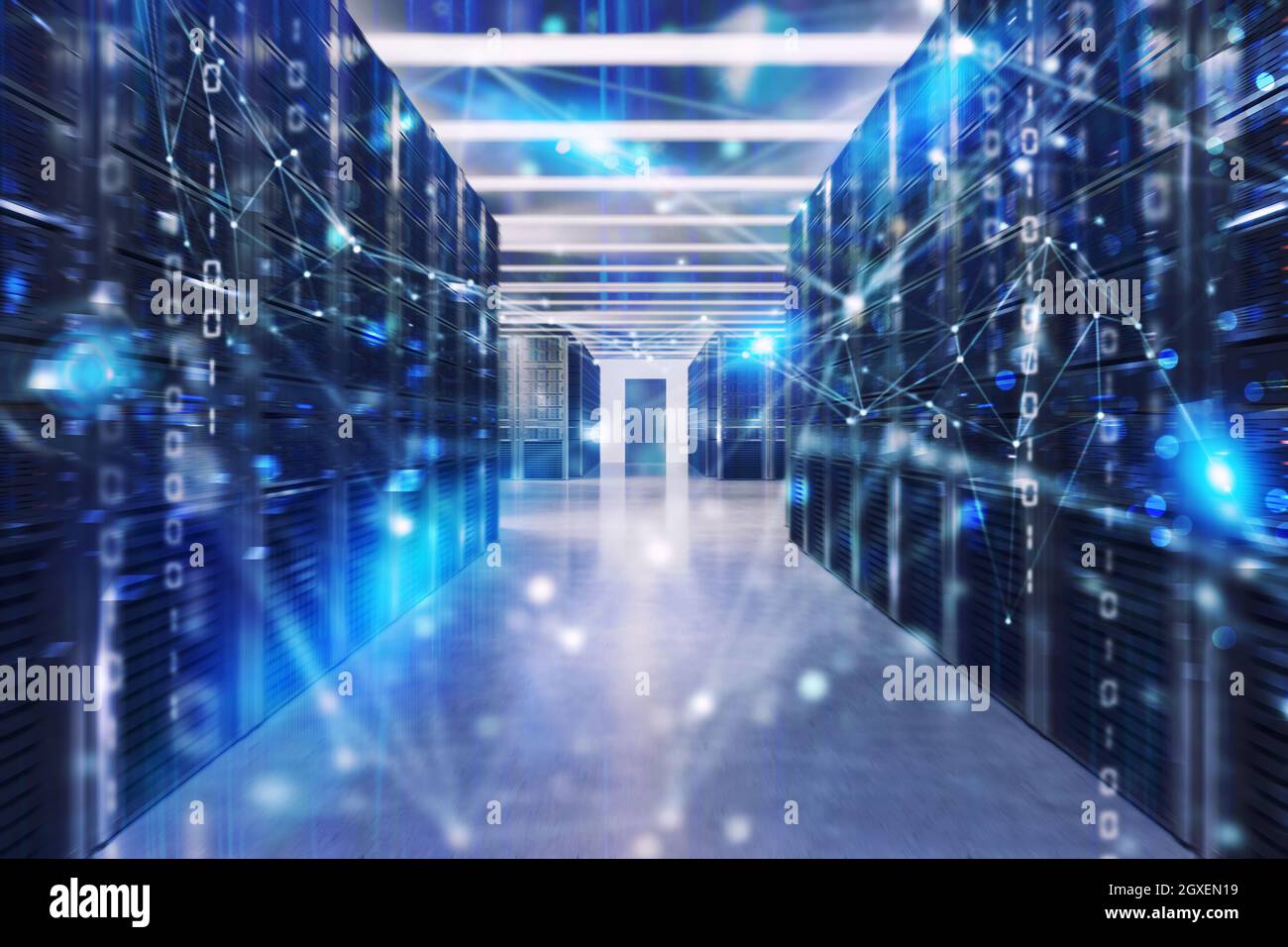 Server farm with network connection effects and binary code Stock Photo