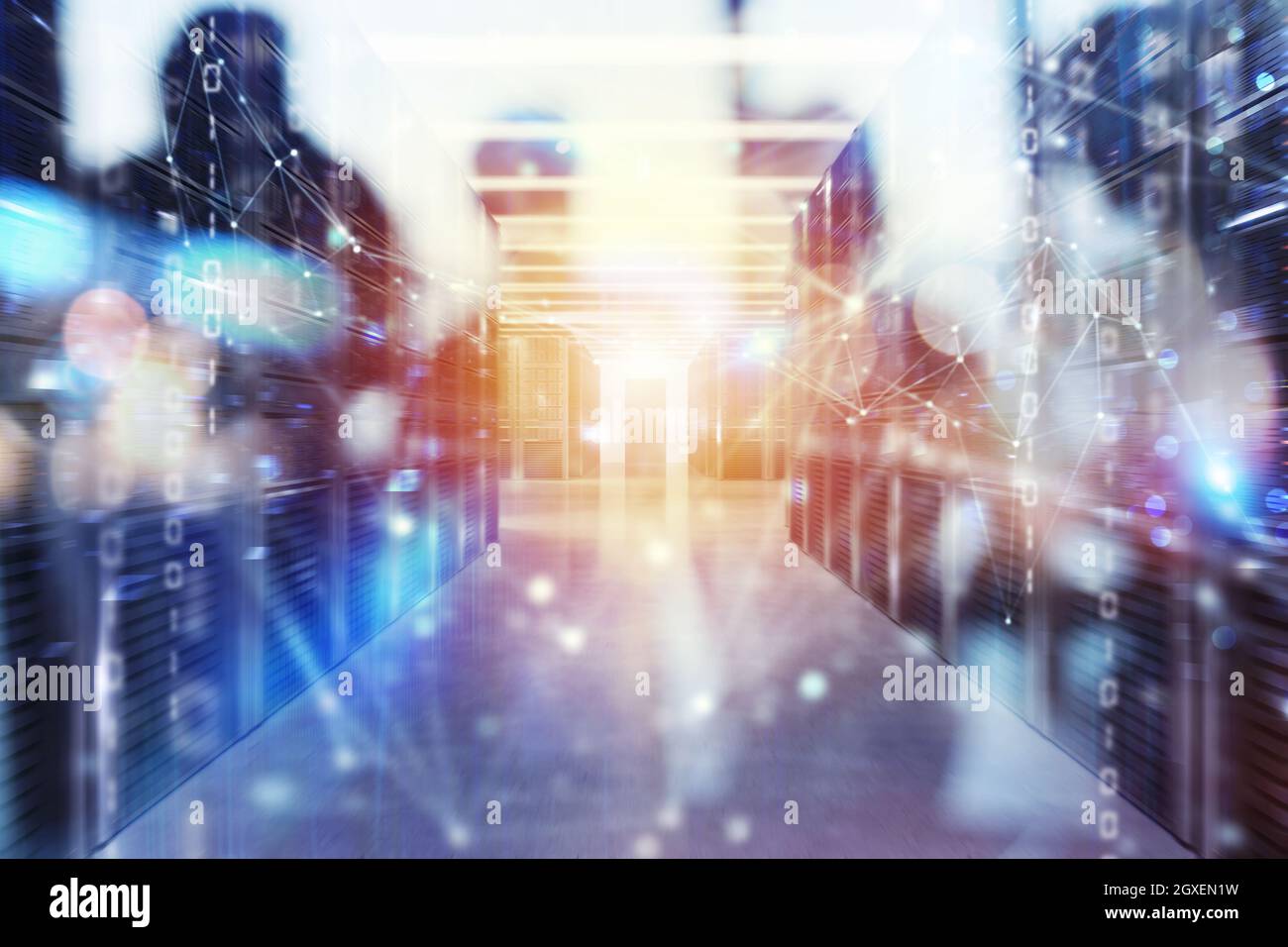 Server farm with network connection effects and binary code. double exposure Stock Photo