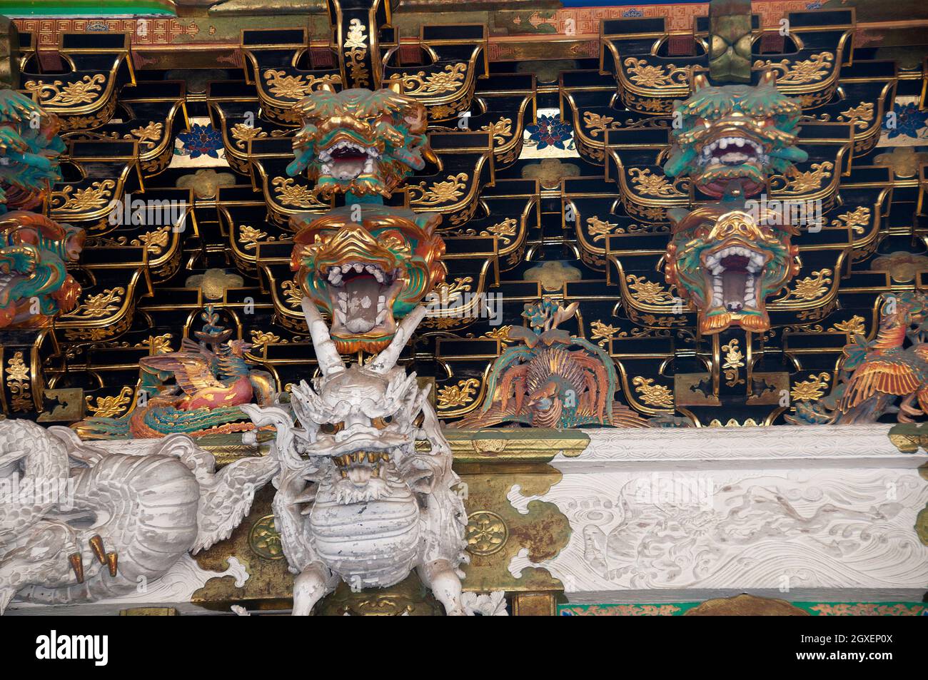 Decorative roof details from the Yomeimon Gate at the entrance of