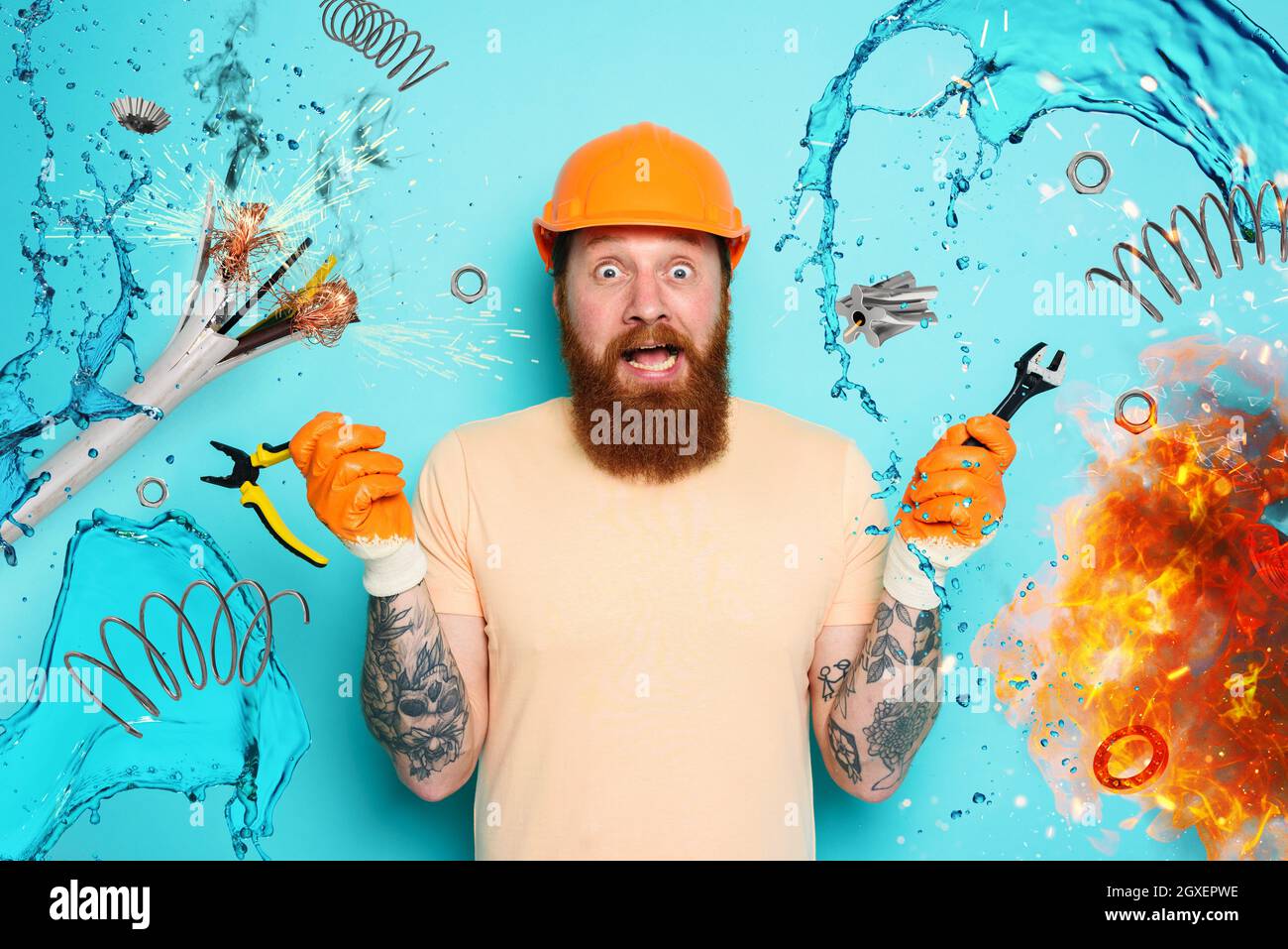 Incompetent worker electrician is unsure about his work Stock Photo