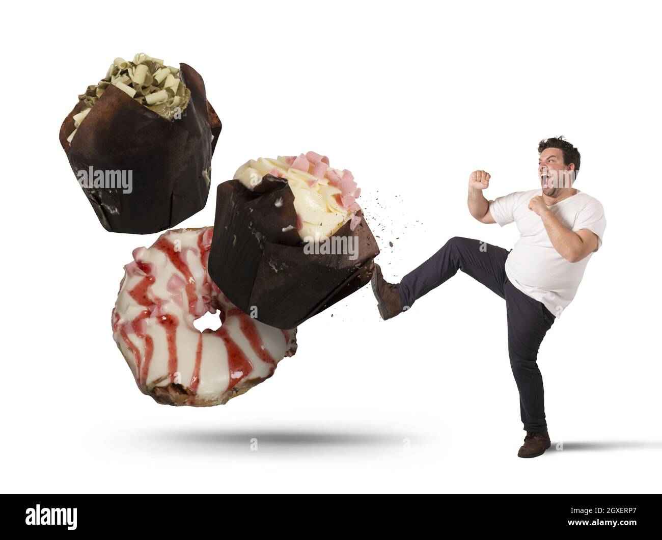 Fat man kicks a high calorie sweet Stock Photo