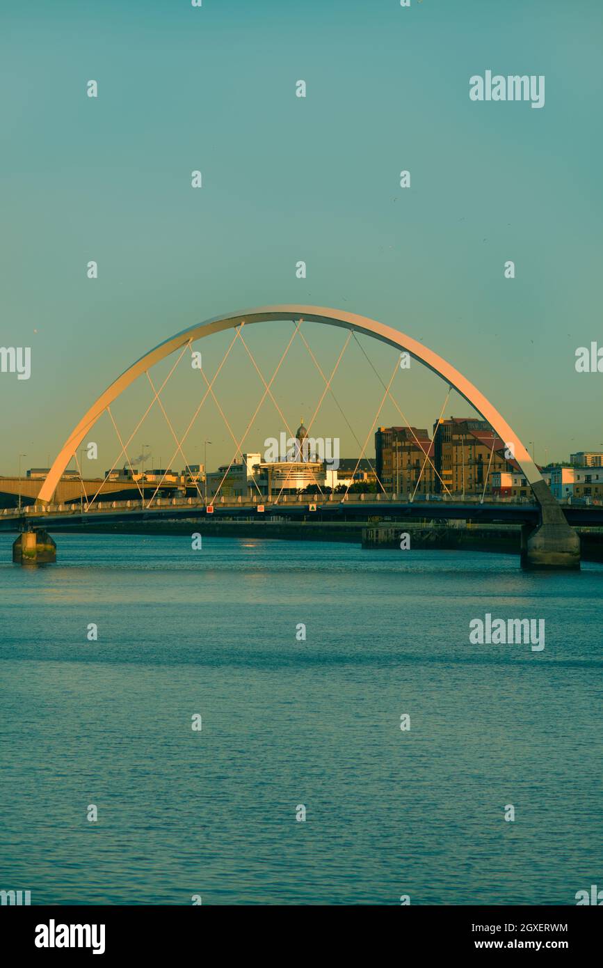 Arc Bridge Over the River Clyde in Glasgow Scotland at Sunset With Copy Space Stock Photo