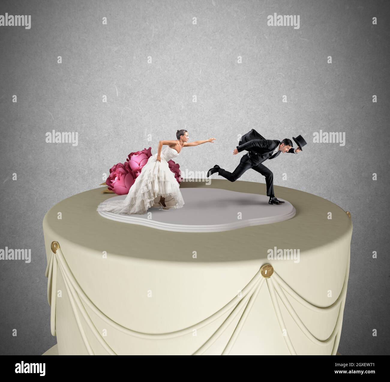 Funny Escape from marriage concept over a cake Stock Photo