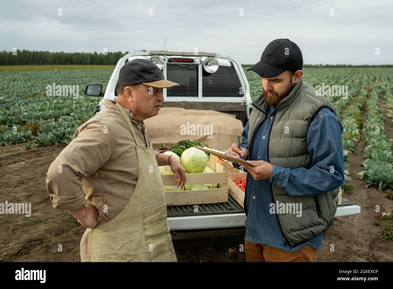 Mature farmer talking to young bearded man making notes in document Stock Photo