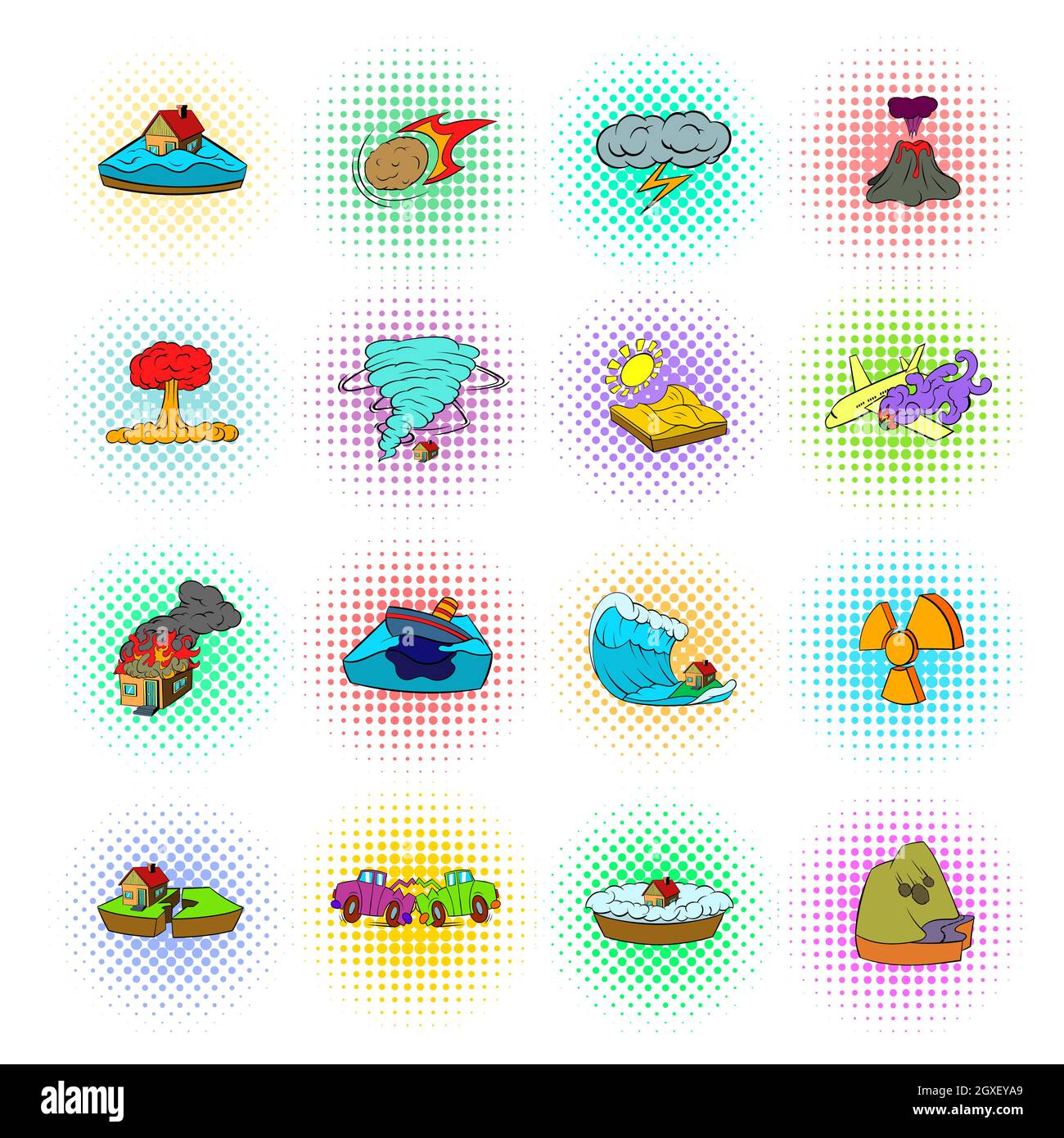 Natural disaster icons set in pop-art style on a white background Stock ...
