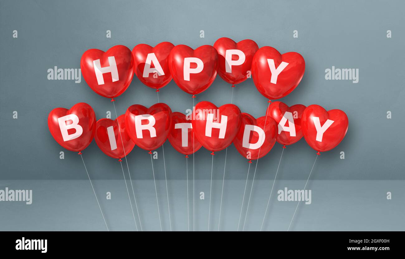 Red happy birthday heart shape air balloons on a grey background scene ...