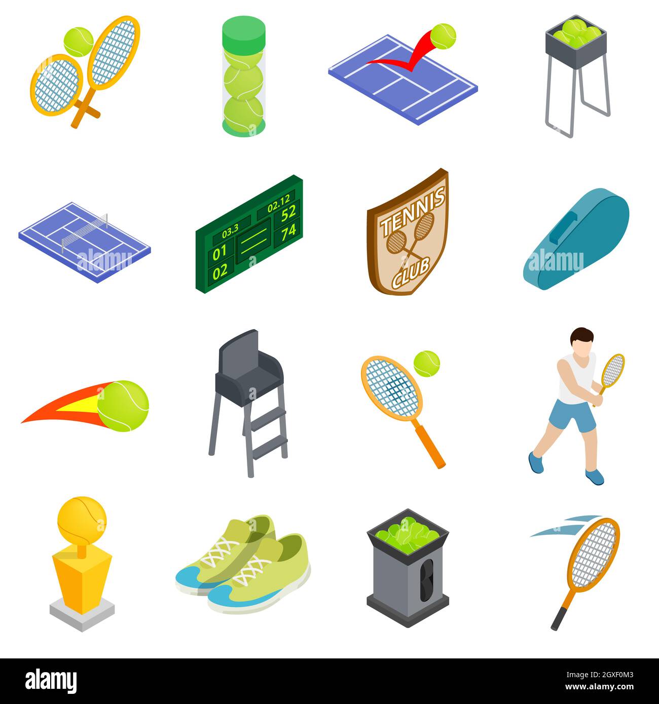 Tennis icons set in isometric 3d style isolated on white background ...