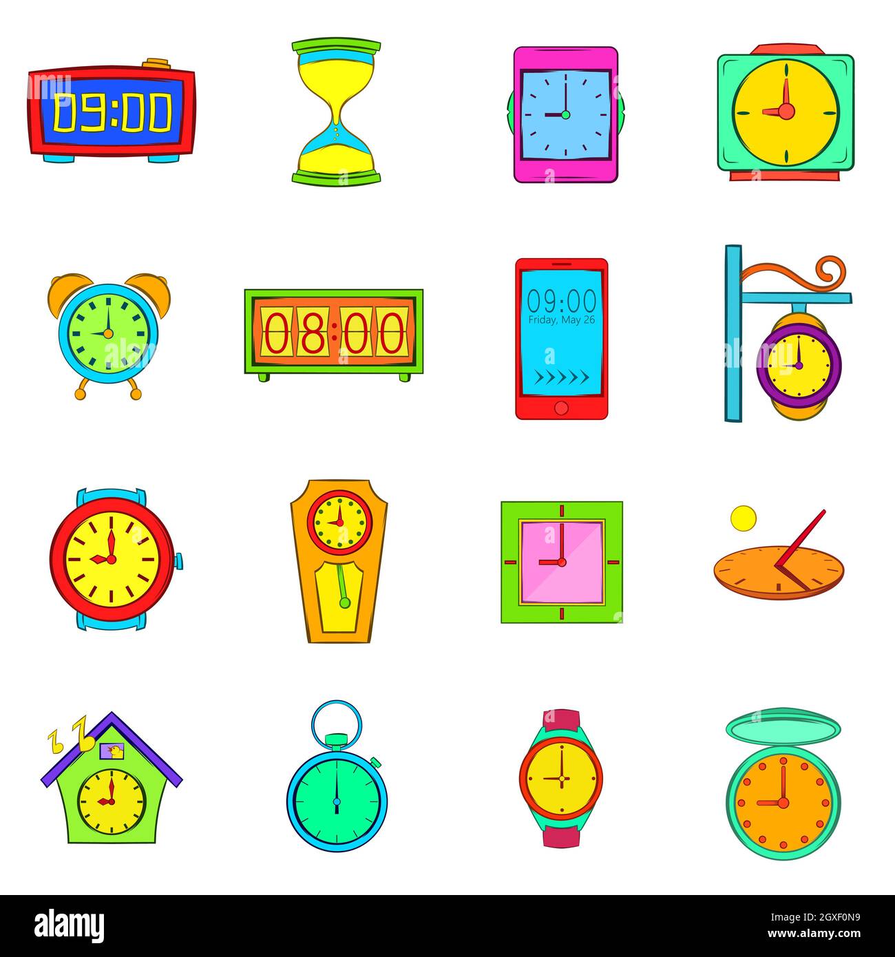 Time and Clock icons set in pop-art style isolated on white background Stock Photo