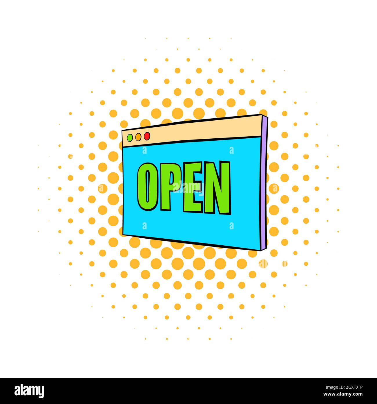 Information plate with open sign icon in comics style isolated on white ...