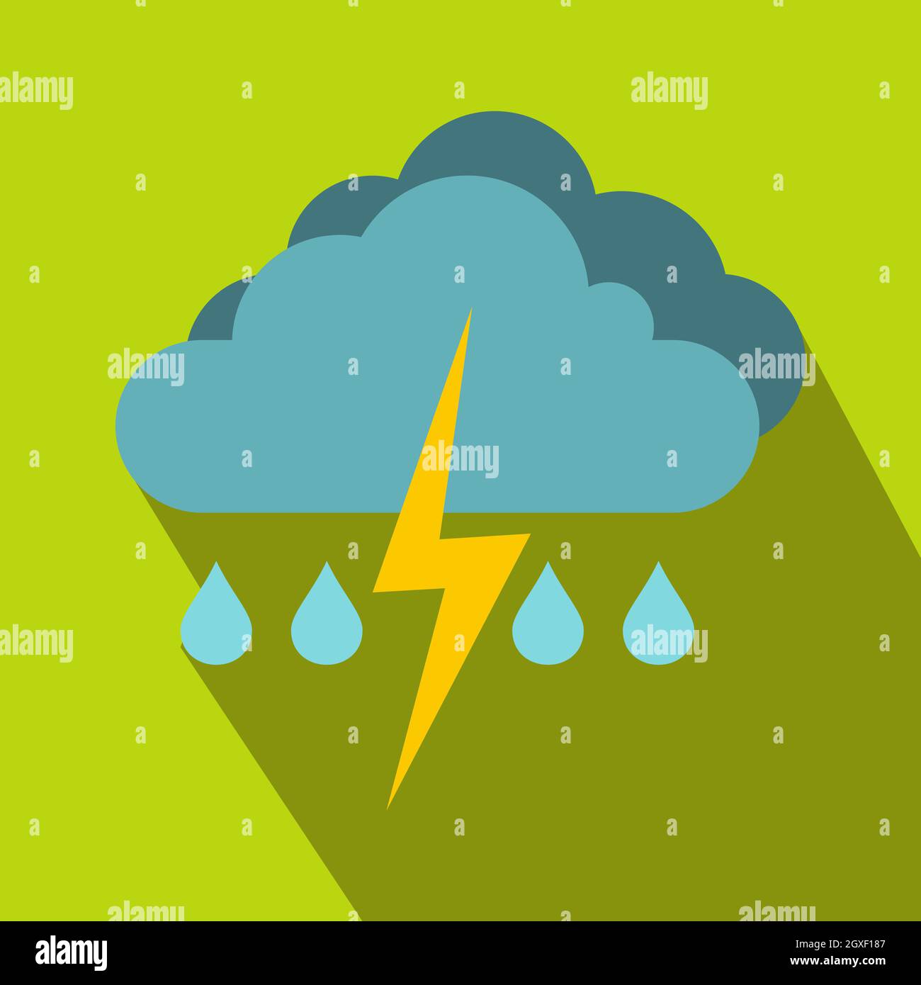 Cloud with lightning and rain icon in flat style on a green background ...