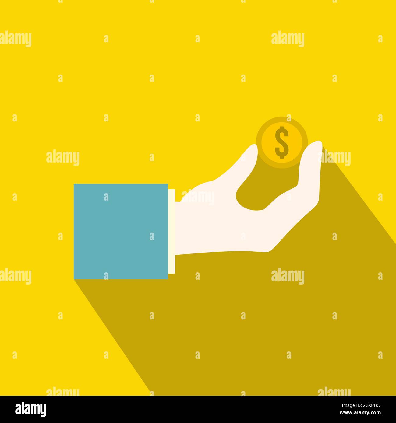 Hand holding the money coin icon in flat style on a yellow background ...