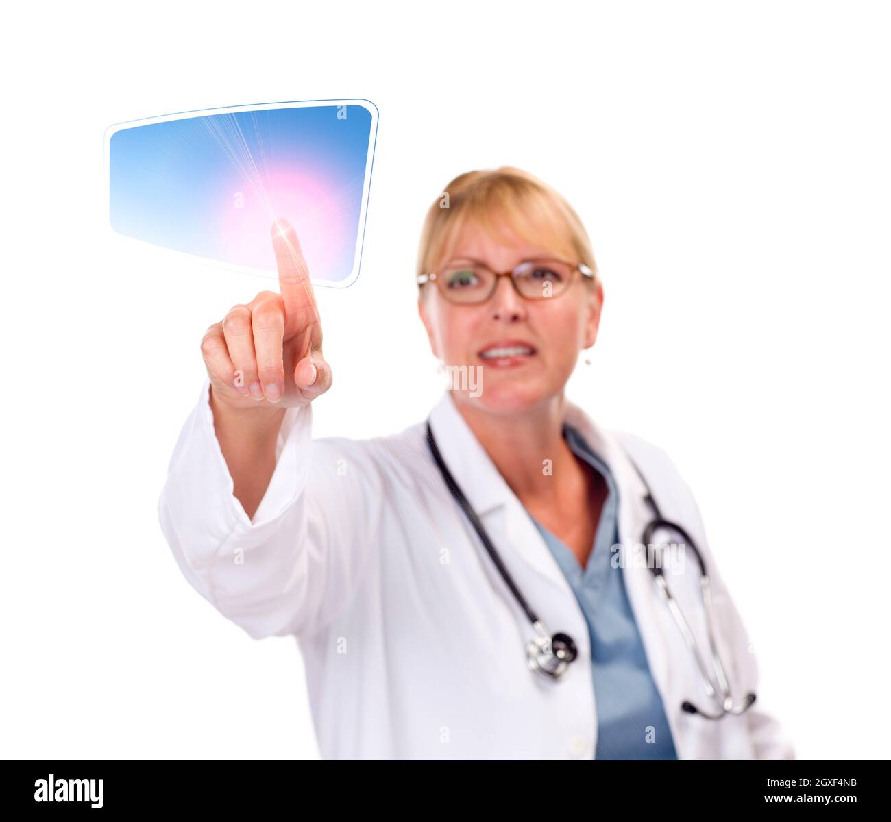 Attractive Female Doctor Touching Button on Touch Screen. Stock Photo