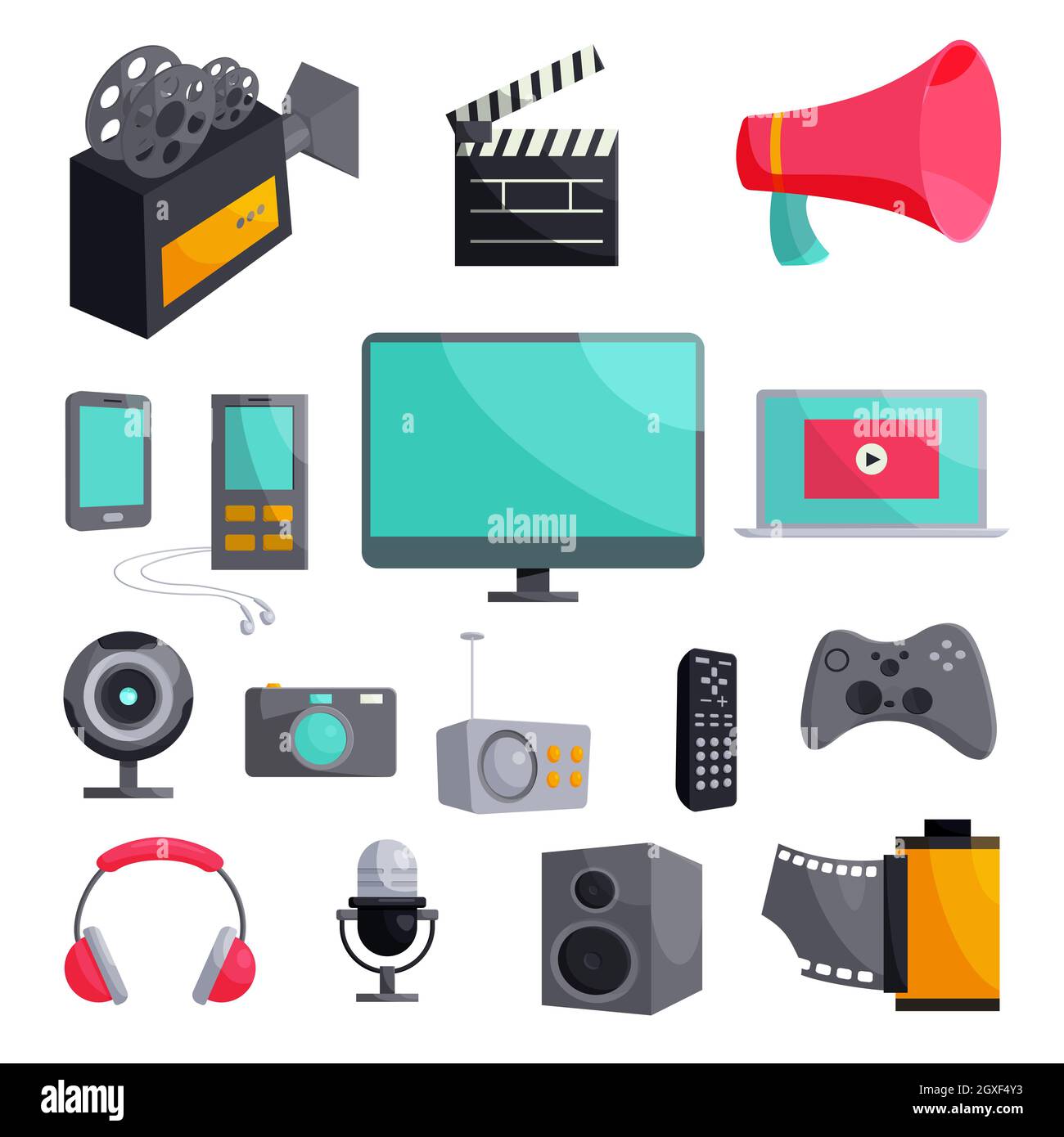 Multimedia icons set in cartoon style isolated on white background