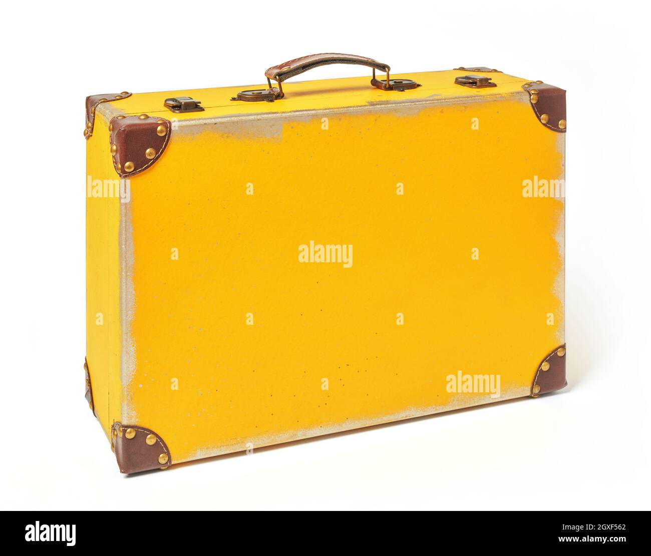 Yellow vintage suitcase on white background Stock Photo