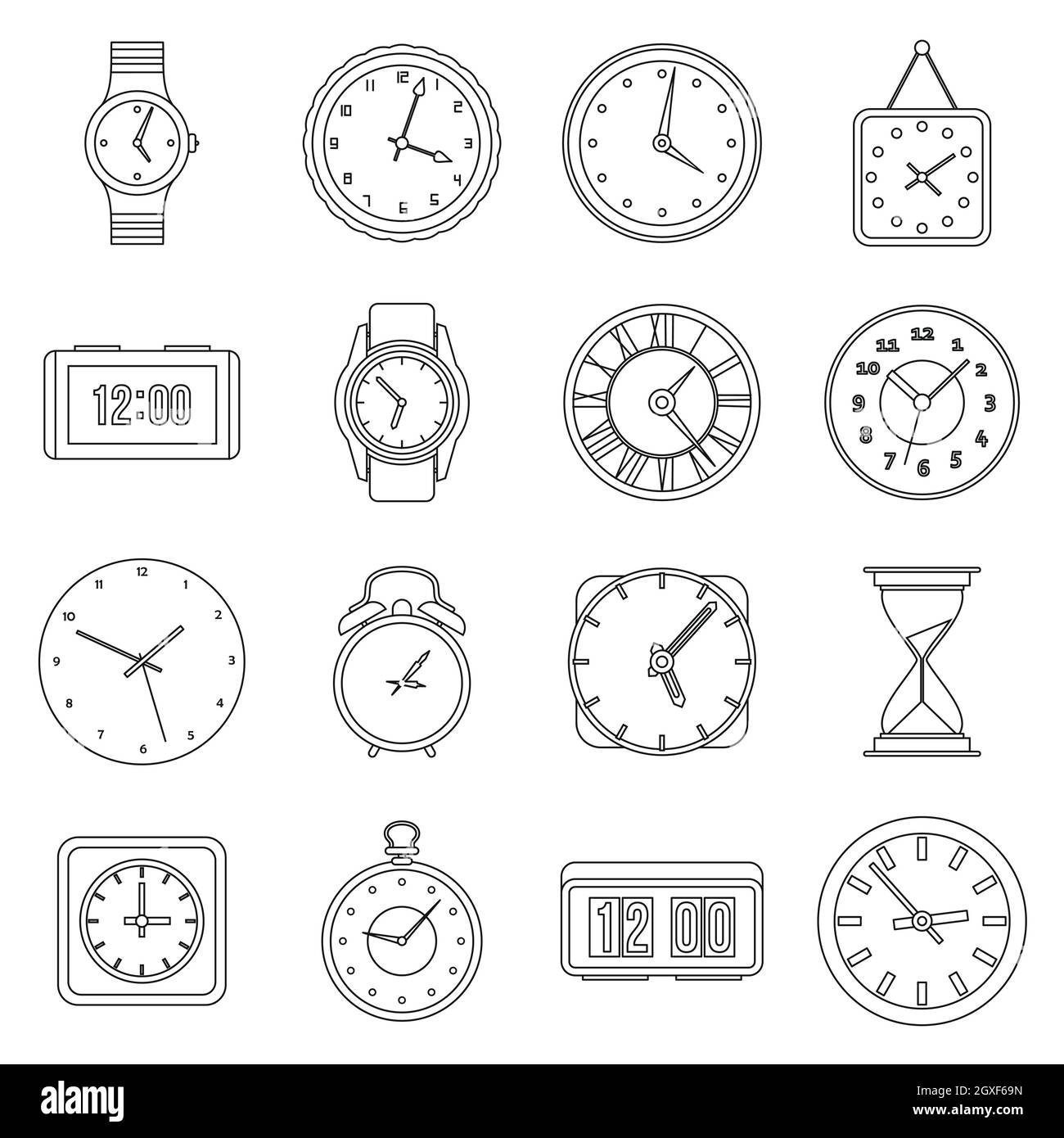 Time and Clock icons set in outline style for any design Stock Photo