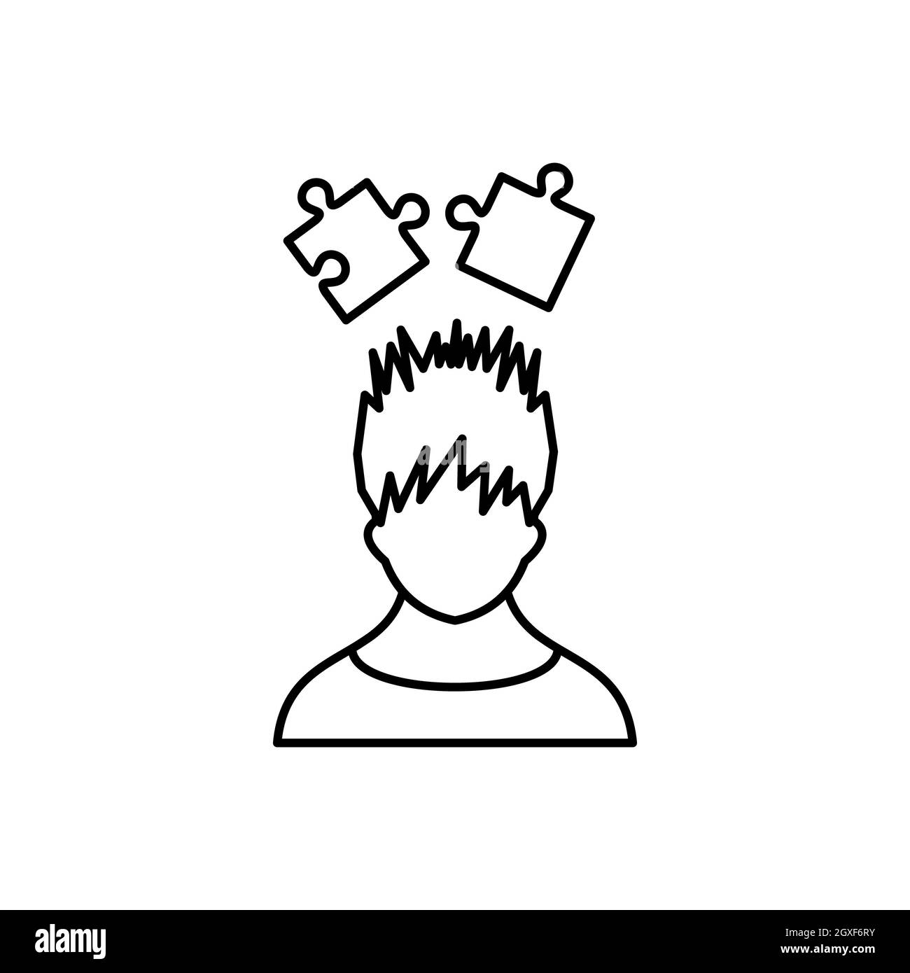 Man with puzzles over head icon in outline style isolated on white ...