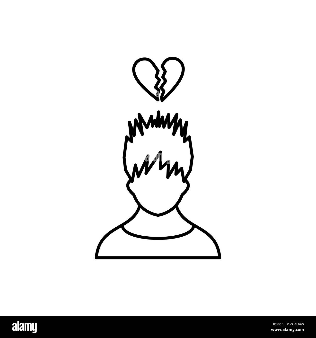Man with broken heart over head icon in outline style isolated on white ...