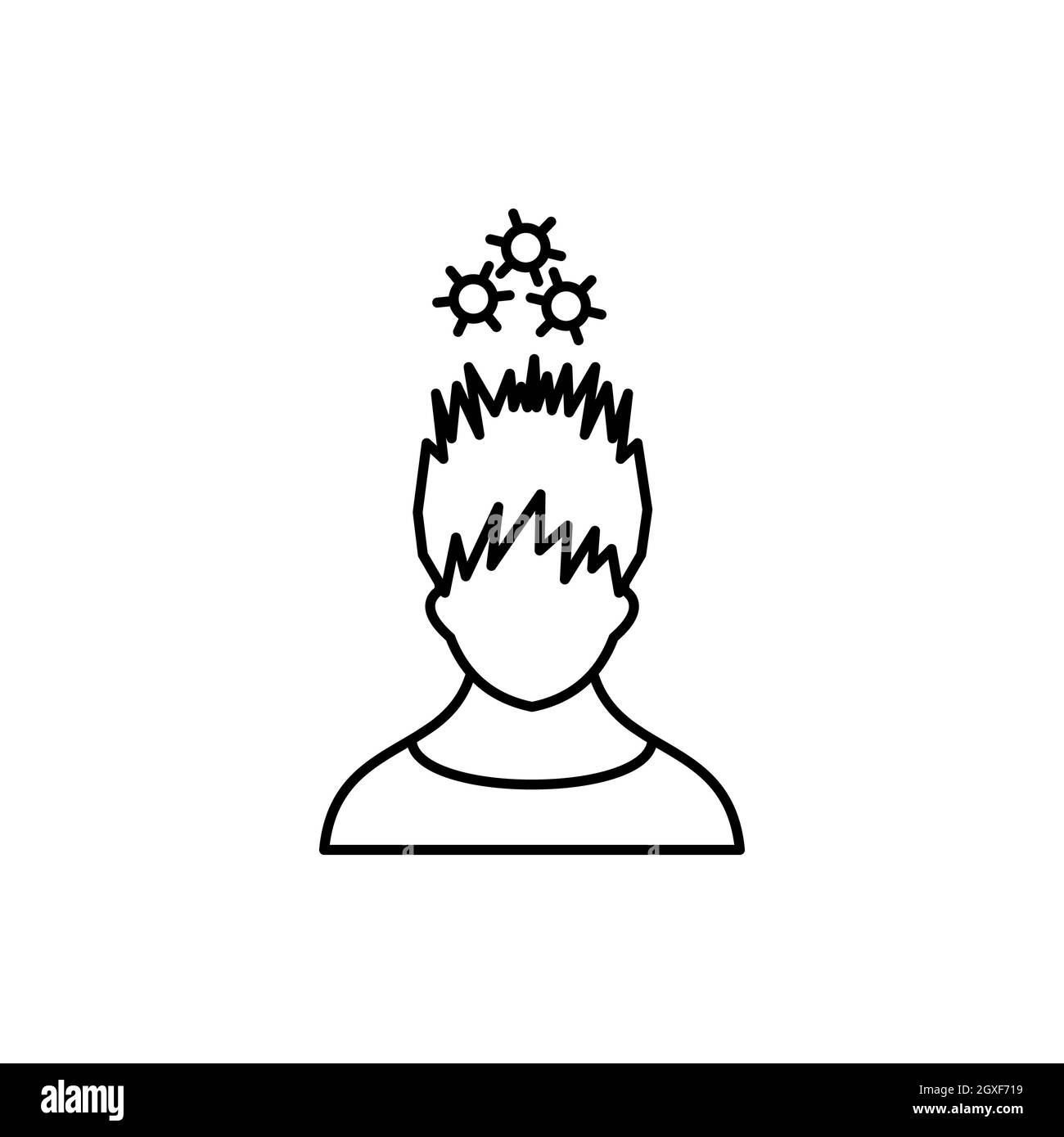 Man with metal gears over head icon in outline style isolated on white ...
